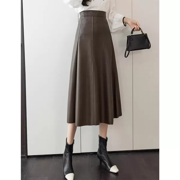 IDEALSANXUN Leather Pleated Skirt for Women 2023 Midi High Waisted A Line Flared Fall Winter Pleather Long SkirtCoffee