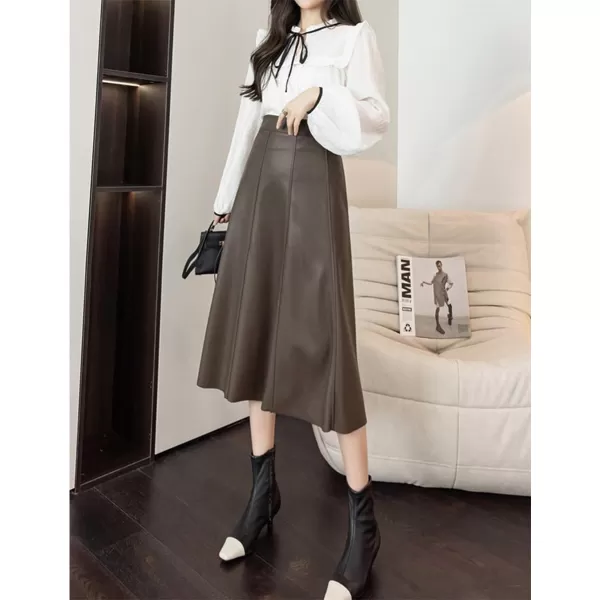 IDEALSANXUN Leather Pleated Skirt for Women 2023 Midi High Waisted A Line Flared Fall Winter Pleather Long SkirtCoffee