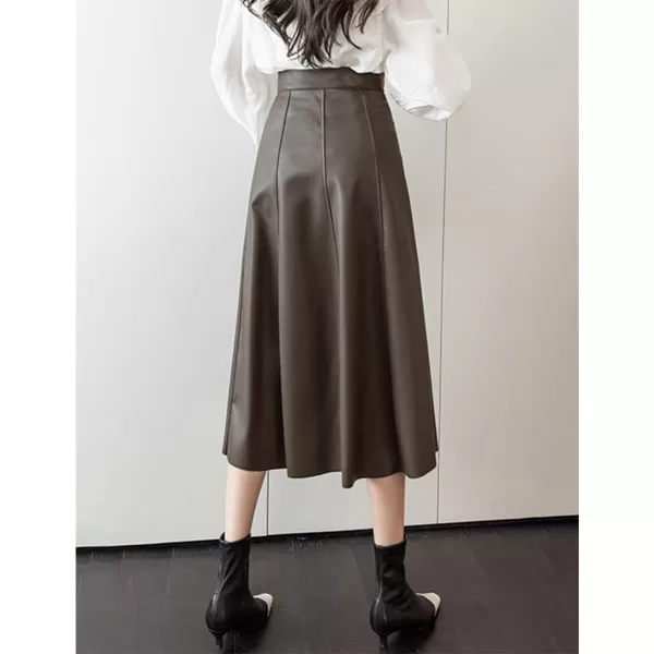 IDEALSANXUN Leather Pleated Skirt for Women 2023 Midi High Waisted A Line Flared Fall Winter Pleather Long SkirtCoffee