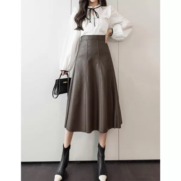 IDEALSANXUN Leather Pleated Skirt for Women 2023 Midi High Waisted A Line Flared Fall Winter Pleather Long SkirtCoffee