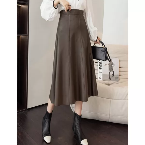 IDEALSANXUN Leather Pleated Skirt for Women 2023 Midi High Waisted A Line Flared Fall Winter Pleather Long SkirtCoffee