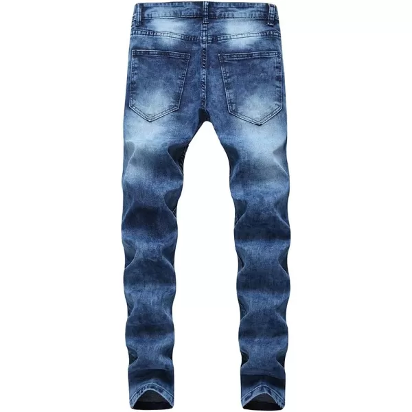 IDEALSANXUN Mens Ripped Stretchy Skinny Tight Biker Moto Jeans Rose Embroidery Denim Pants TrouserBlue 209