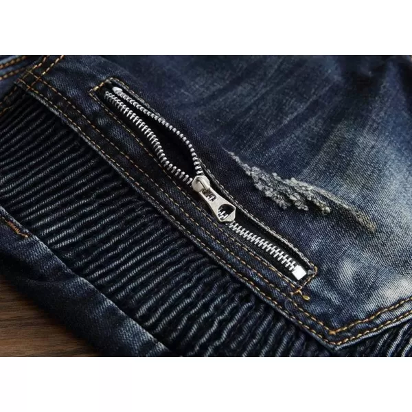 IDEALSANXUN Mens Ripped Stretchy Skinny Tight Biker Moto Jeans Rose Embroidery Denim Pants TrouserDark Blue 01