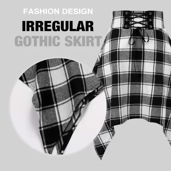 IDEALSANXUN Plaid Skirts for Womens Irregular Hem Lace Up Short Gothic SkirtsPlaid Black 01
