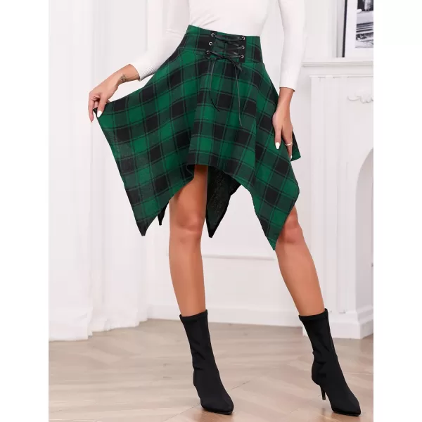 IDEALSANXUN Plaid Skirts for Womens Irregular Hem Lace Up Short Gothic SkirtsPlaid Green