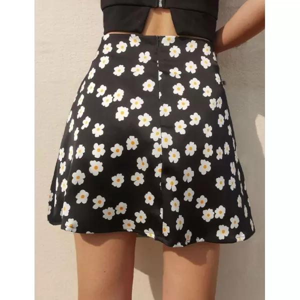 IDEALSANXUN Satin Skirt for Women Beach Floral Print High Waisted A Line Cute Spring Summer Short Mini SkirtBlack