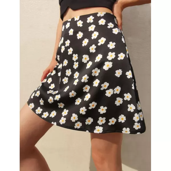 IDEALSANXUN Satin Skirt for Women Beach Floral Print High Waisted A Line Cute Spring Summer Short Mini SkirtBlack
