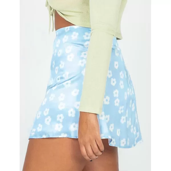 IDEALSANXUN Satin Skirt for Women Beach Floral Print High Waisted A Line Cute Spring Summer Short Mini SkirtBlue