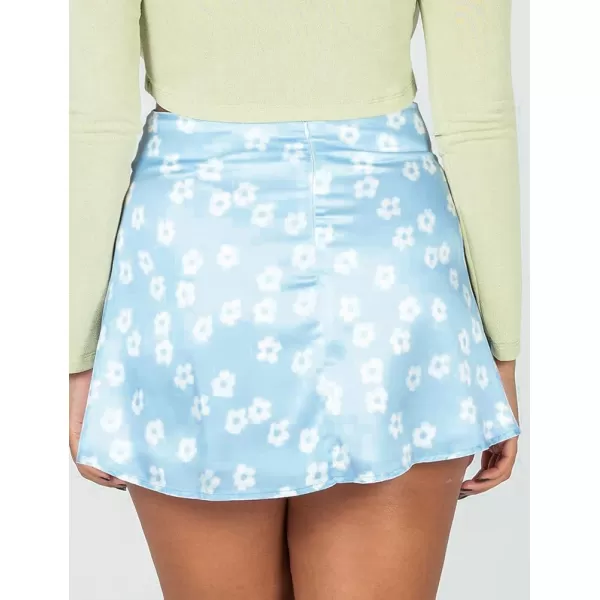 IDEALSANXUN Satin Skirt for Women Beach Floral Print High Waisted A Line Cute Spring Summer Short Mini SkirtBlue