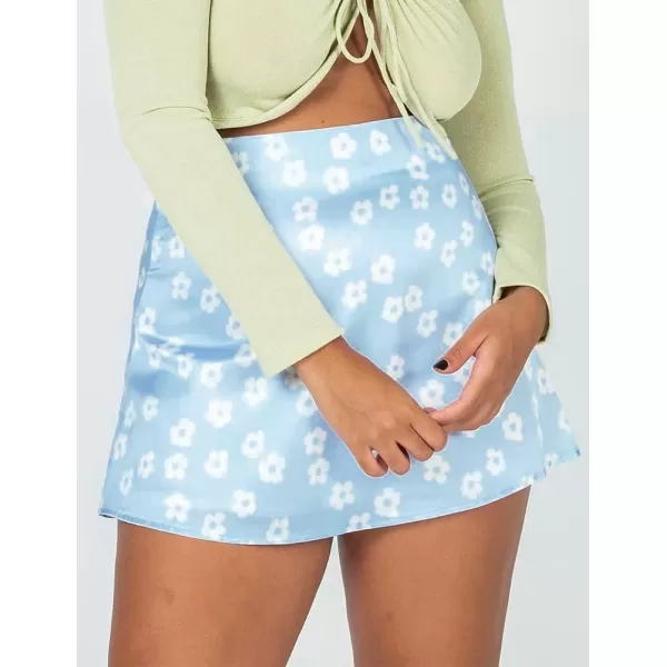 IDEALSANXUN Satin Skirt for Women Beach Floral Print High Waisted A Line Cute Spring Summer Short Mini SkirtBlue