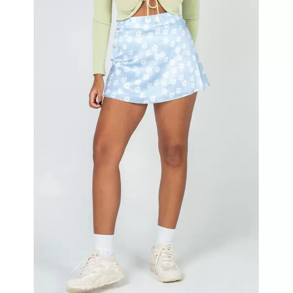 IDEALSANXUN Satin Skirt for Women Beach Floral Print High Waisted A Line Cute Spring Summer Short Mini SkirtBlue