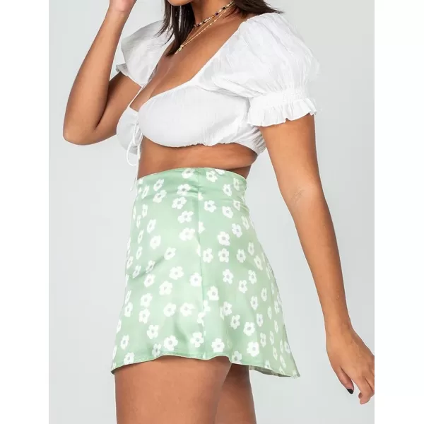 IDEALSANXUN Satin Skirt for Women Beach Floral Print High Waisted A Line Cute Spring Summer Short Mini SkirtGreen