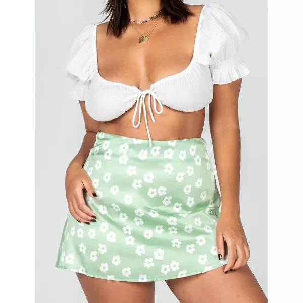 IDEALSANXUN Satin Skirt for Women Beach Floral Print High Waisted A Line Cute Spring Summer Short Mini SkirtGreen