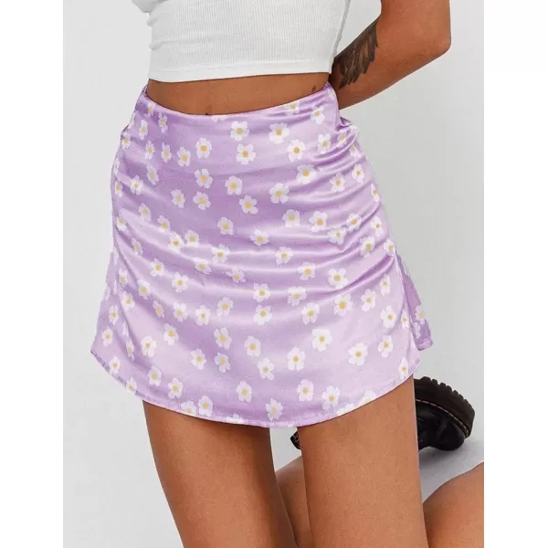 IDEALSANXUN Satin Skirt for Women Beach Floral Print High Waisted A Line Cute Spring Summer Short Mini SkirtPurple