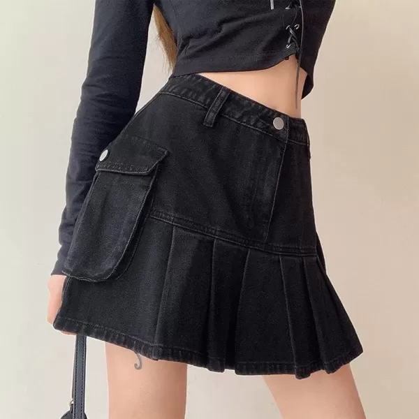 IDEALSANXUN Womens High Waist Short Pleated Denim SkirtsBlack