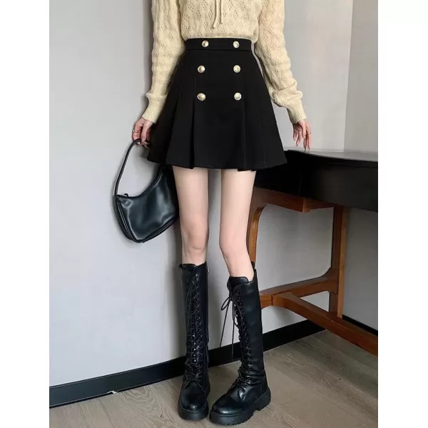 IDEALSANXUN Wool Mini Skirt for Women Pleated High Waisted A Line 2024 Trendy Short Fall Winter Cute SkirtsBlack