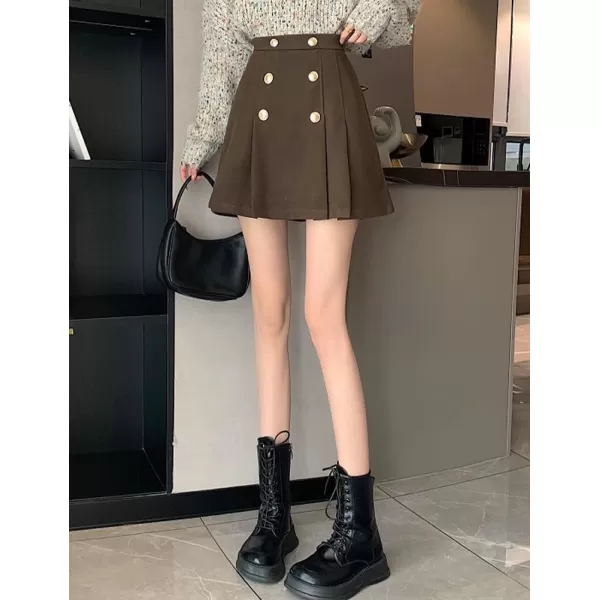 IDEALSANXUN Wool Mini Skirt for Women Pleated High Waisted A Line 2024 Trendy Short Fall Winter Cute SkirtsCoffee