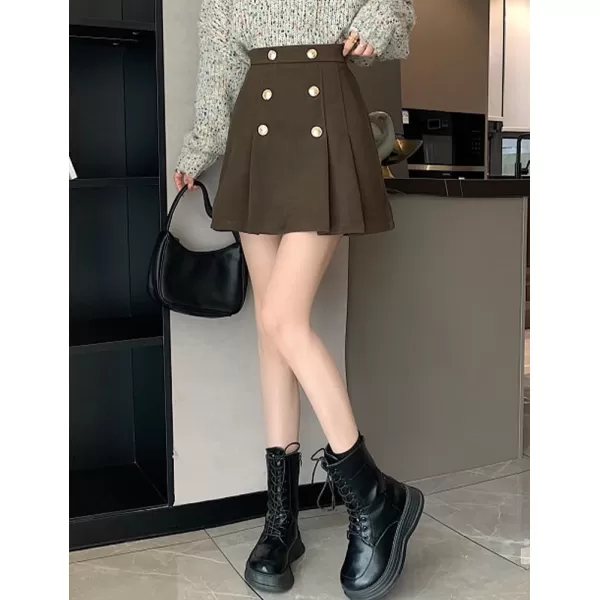 IDEALSANXUN Wool Mini Skirt for Women Pleated High Waisted A Line 2024 Trendy Short Fall Winter Cute SkirtsCoffee