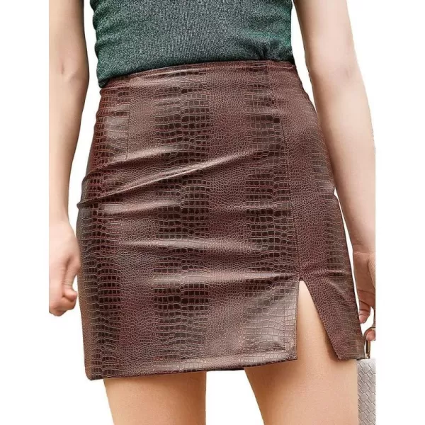 IDEALSANXUN Leather Bodycon Mini Skirts for Women 2023 Fall Winter High Waisted Short Pencil Skirt with SlitBrown