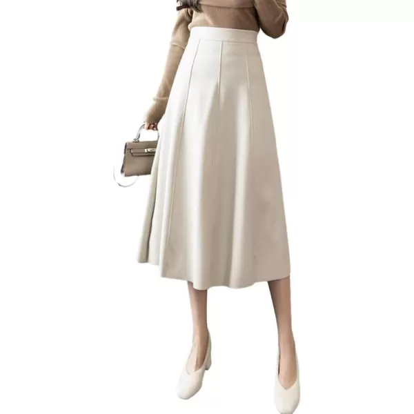 IDEALSANXUN Leather Pleated Skirt for Women 2023 Midi High Waisted A Line Flared Fall Winter Pleather Long SkirtBeige