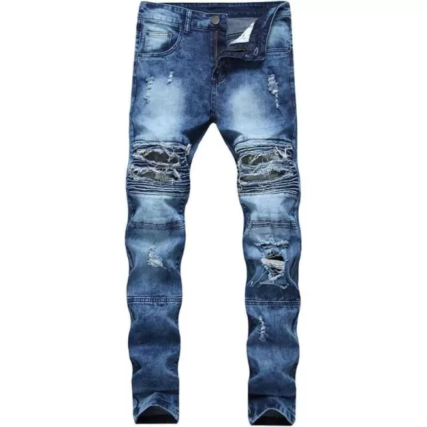 IDEALSANXUN Mens Ripped Stretchy Skinny Tight Biker Moto Jeans Rose Embroidery Denim Pants TrouserBlue 209