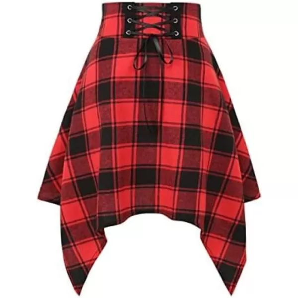 IDEALSANXUN Plaid Mini Skirt for Women High Waisted A Line Asymmetrical Lace Up Short Goth SkirtPlaid Red 01
