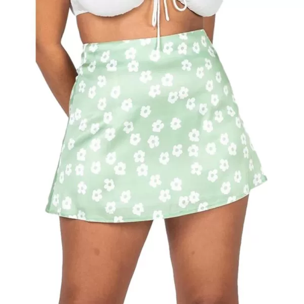 IDEALSANXUN Satin Skirt for Women Beach Floral Print High Waisted A Line Cute Spring Summer Short Mini SkirtGreen