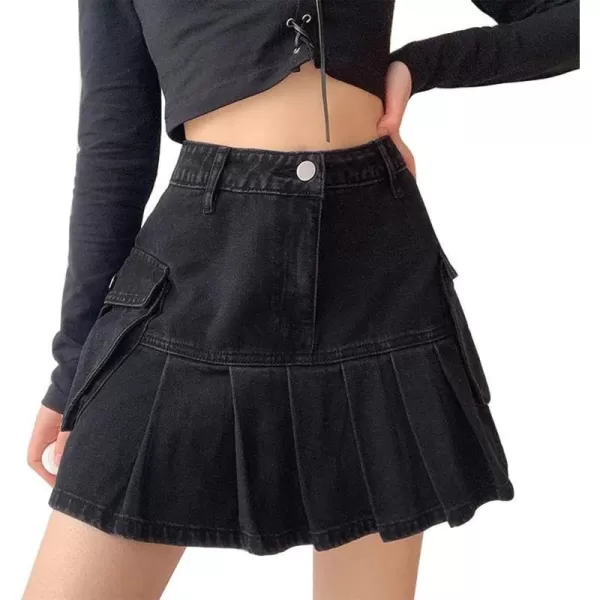 IDEALSANXUN Womens High Waist Short Pleated Denim SkirtsBlack