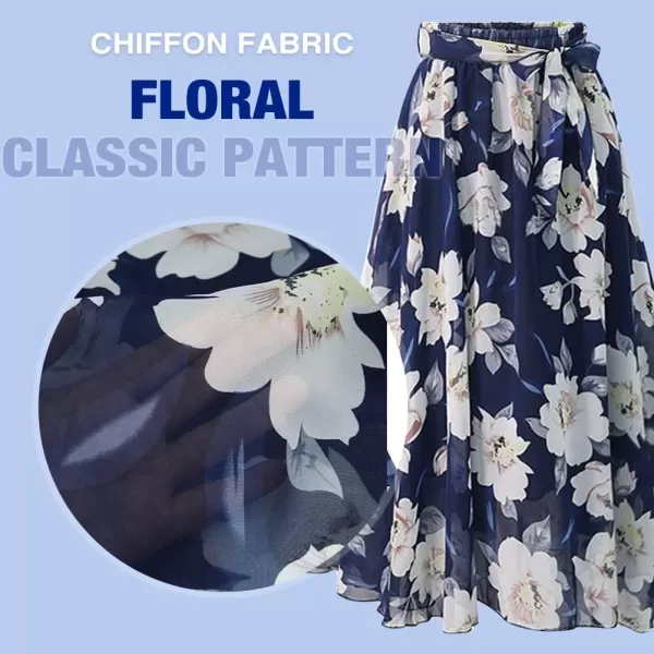 Floral Midi Skirts for Womens High Waist Aline Chiffon Boho Swing Beach SkirtBlue