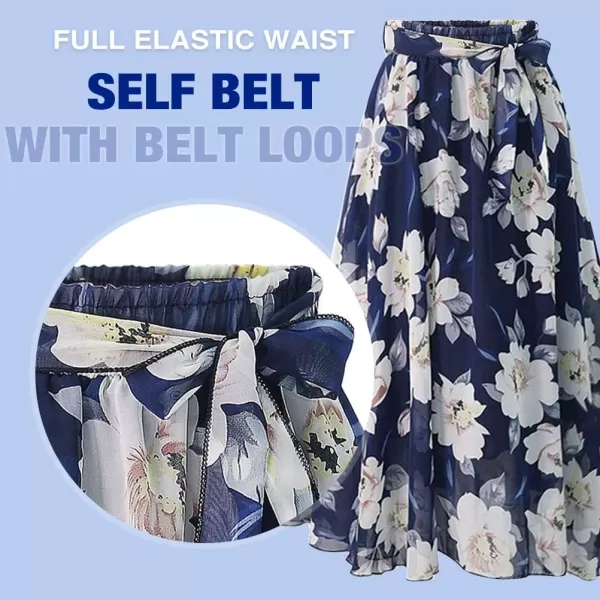 Floral Midi Skirts for Womens High Waist Aline Chiffon Boho Swing Beach SkirtBlue