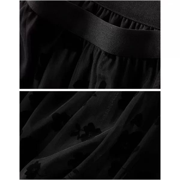 Floral Tulle Skirts for Womens Fall Winter High Waisted ALine Layered Mesh Midi SkirtBlack