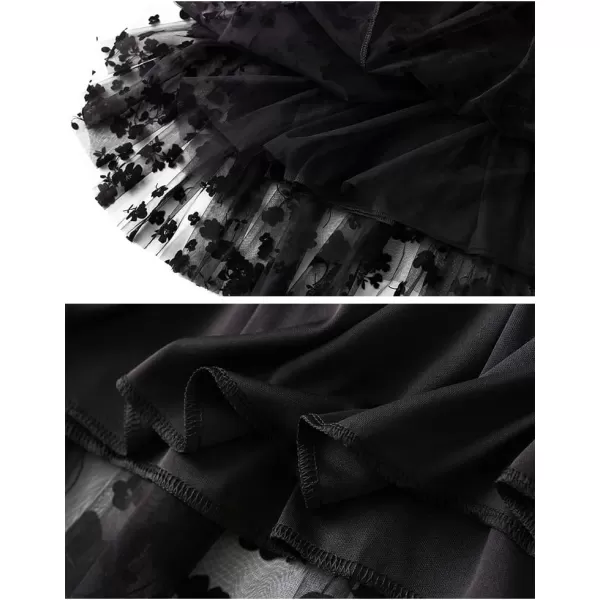 Floral Tulle Skirts for Womens Fall Winter High Waisted ALine Layered Mesh Midi SkirtBlack