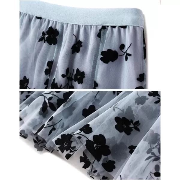 Floral Tulle Skirts for Womens Fall Winter High Waisted ALine Layered Mesh Midi SkirtBlue