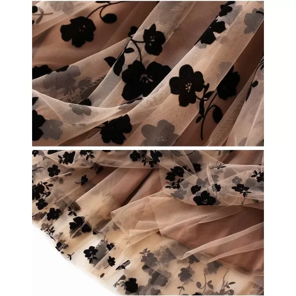 Floral Tulle Skirts for Womens Fall Winter High Waisted ALine Layered Mesh Midi SkirtKhaki