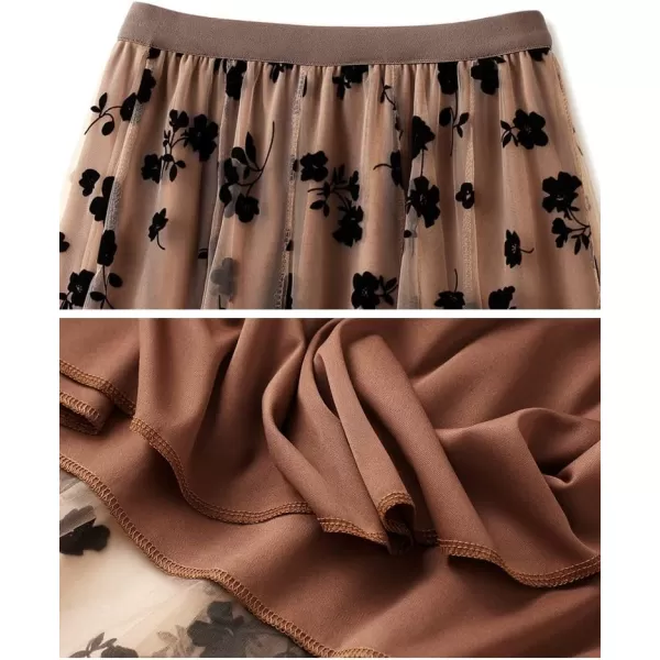 Floral Tulle Skirts for Womens Fall Winter High Waisted ALine Layered Mesh Midi SkirtKhaki