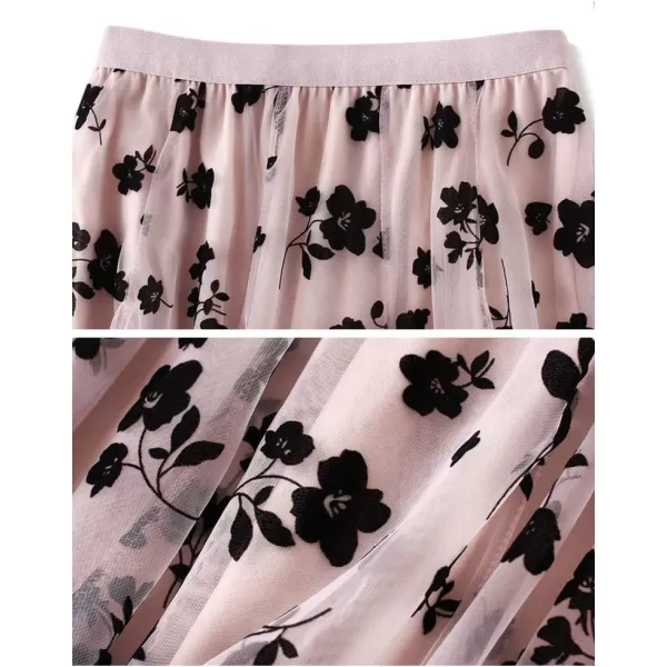 Floral Tulle Skirts for Womens Fall Winter High Waisted ALine Layered Mesh Midi SkirtPink