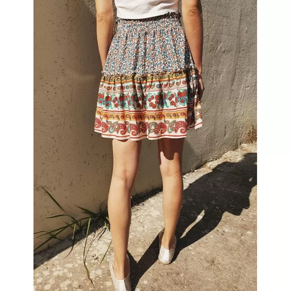 IDEALSANXUN Boho Mini Skirt for Women Beach Flower Print High Waisted A Line Flowy Spring Summer SkirtBeige
