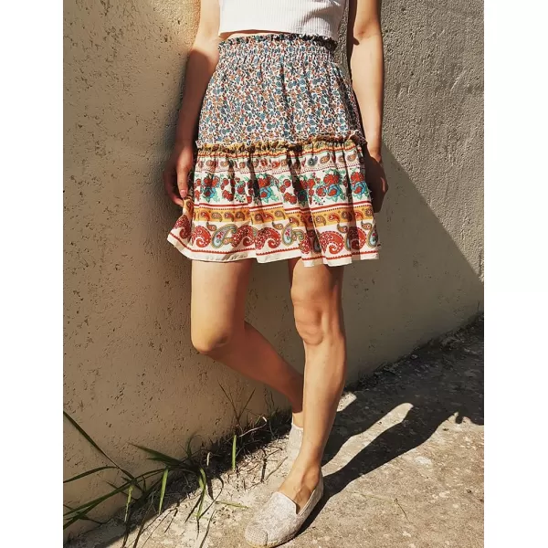 IDEALSANXUN Boho Mini Skirt for Women Beach Flower Print High Waisted A Line Flowy Spring Summer SkirtBeige