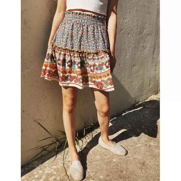 IDEALSANXUN Boho Mini Skirt for Women Beach Flower Print High Waisted A Line Flowy Spring Summer SkirtBeige