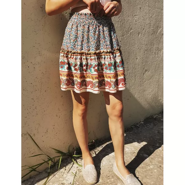 IDEALSANXUN Boho Mini Skirt for Women Beach Flower Print High Waisted A Line Flowy Spring Summer SkirtBeige