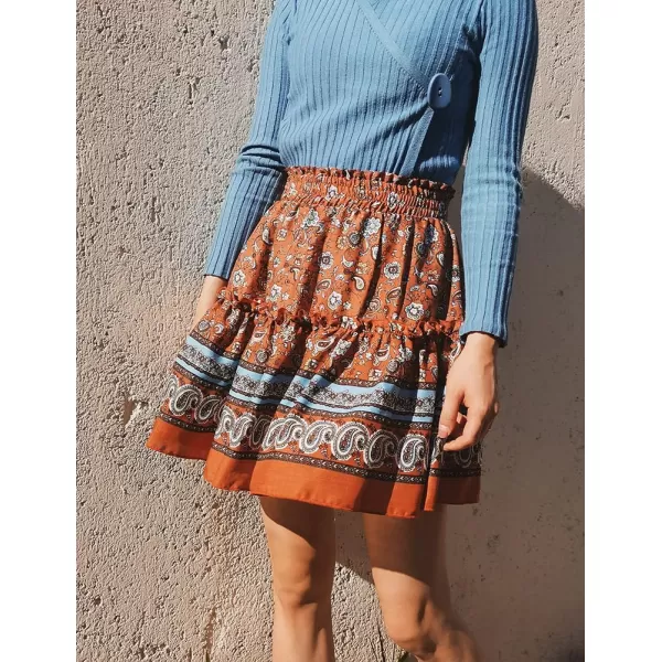 IDEALSANXUN Boho Mini Skirt for Women Beach Flower Print High Waisted A Line Flowy Spring Summer SkirtDark Red