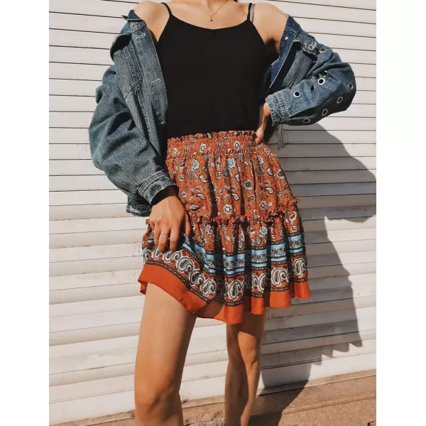 IDEALSANXUN Boho Mini Skirt for Women Beach Flower Print High Waisted A Line Flowy Spring Summer SkirtDark Red