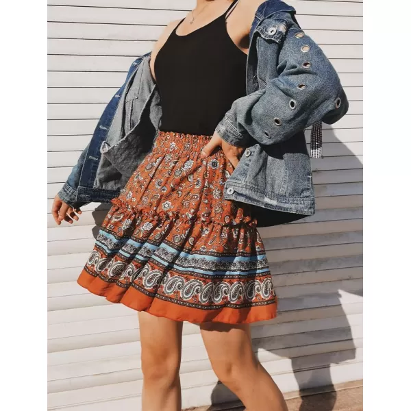 IDEALSANXUN Boho Mini Skirt for Women Beach Flower Print High Waisted A Line Flowy Spring Summer SkirtDark Red