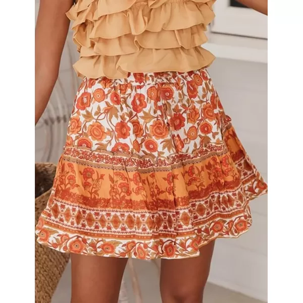 IDEALSANXUN Boho Mini Skirt for Women Beach Flower Print High Waisted A Line Flowy Spring Summer SkirtOrange