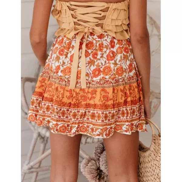 IDEALSANXUN Boho Mini Skirt for Women Beach Flower Print High Waisted A Line Flowy Spring Summer SkirtOrange