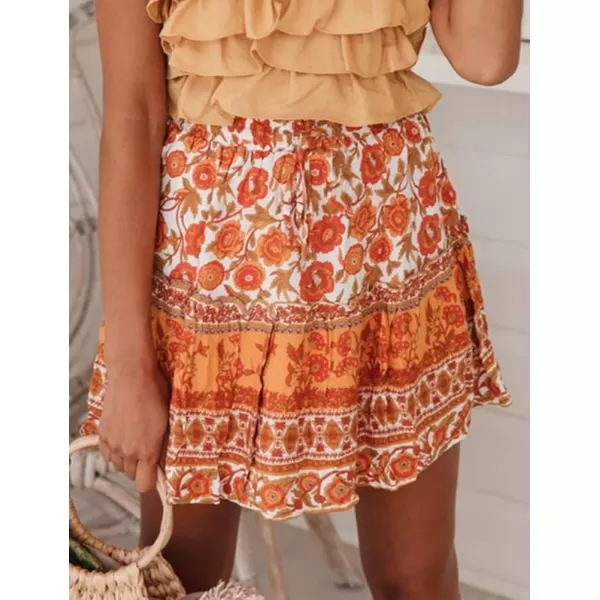 IDEALSANXUN Boho Mini Skirt for Women Beach Flower Print High Waisted A Line Flowy Spring Summer SkirtOrange
