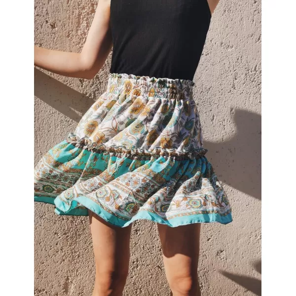 IDEALSANXUN Boho Mini Skirt for Women Beach Flower Print High Waisted A Line Flowy Spring Summer SkirtSky Blue