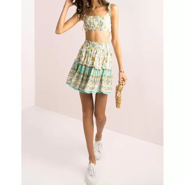 IDEALSANXUN Boho Mini Skirt for Women Beach Flower Print High Waisted A Line Flowy Spring Summer SkirtSky Blue