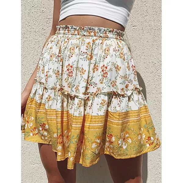 IDEALSANXUN Boho Mini Skirt for Women Beach Flower Print High Waisted A Line Flowy Spring Summer SkirtYellow