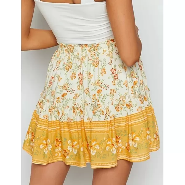 IDEALSANXUN Boho Mini Skirt for Women Beach Flower Print High Waisted A Line Flowy Spring Summer SkirtYellow